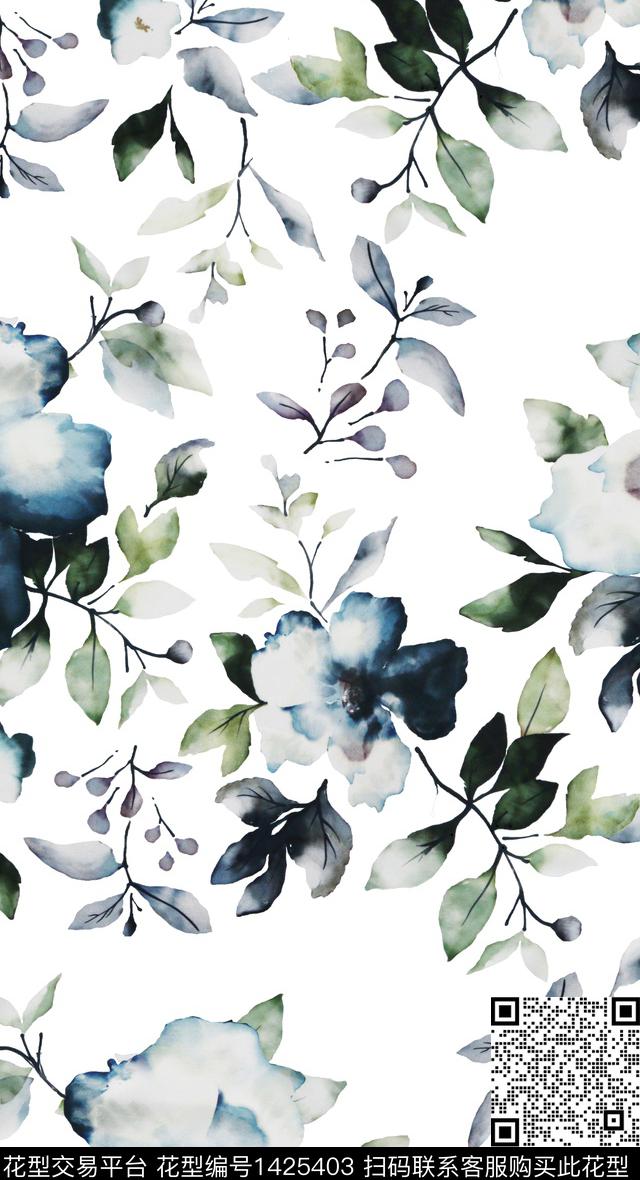 水彩花卉白底花数码印花华亿平台下载（图片编号: 1425403） - 瓦栏（Walan）