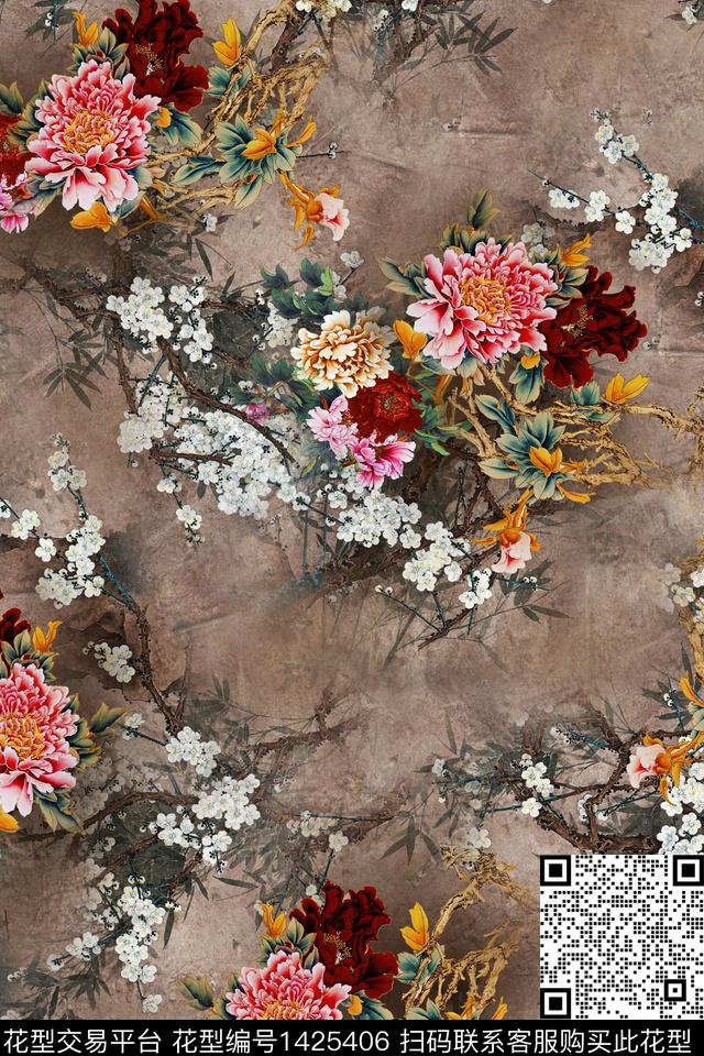 花卉旗袍香云纱数码印花华亿平台下载（图片编号: 1425406） - 瓦栏（Walan）