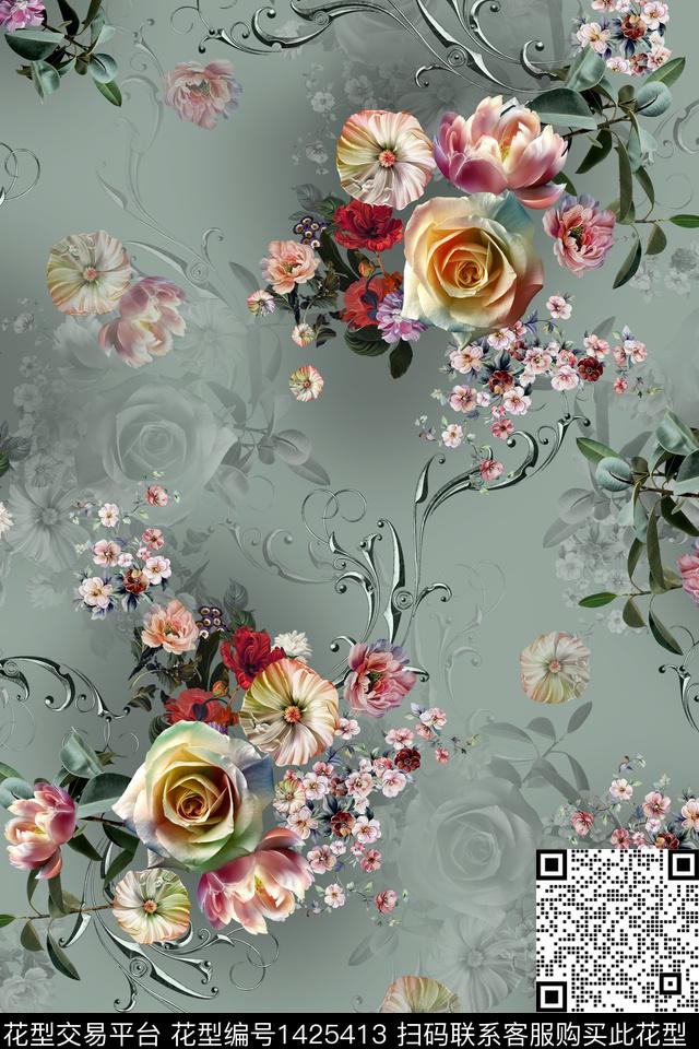 花卉混合拼接写实花数码印花华亿平台下载（图片编号: 1425413） - 瓦栏（Walan）