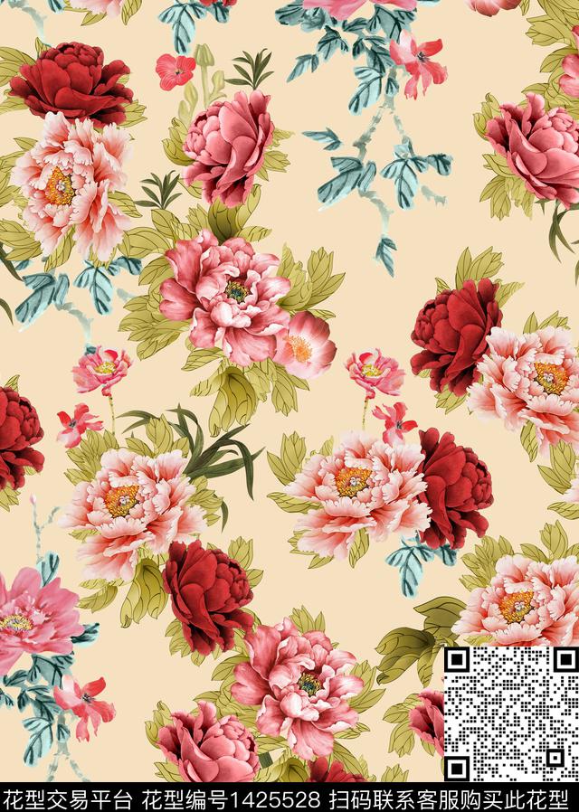 红花花卉中国风数码印花华亿平台下载（图片编号: 1425528） - 瓦栏（Walan）