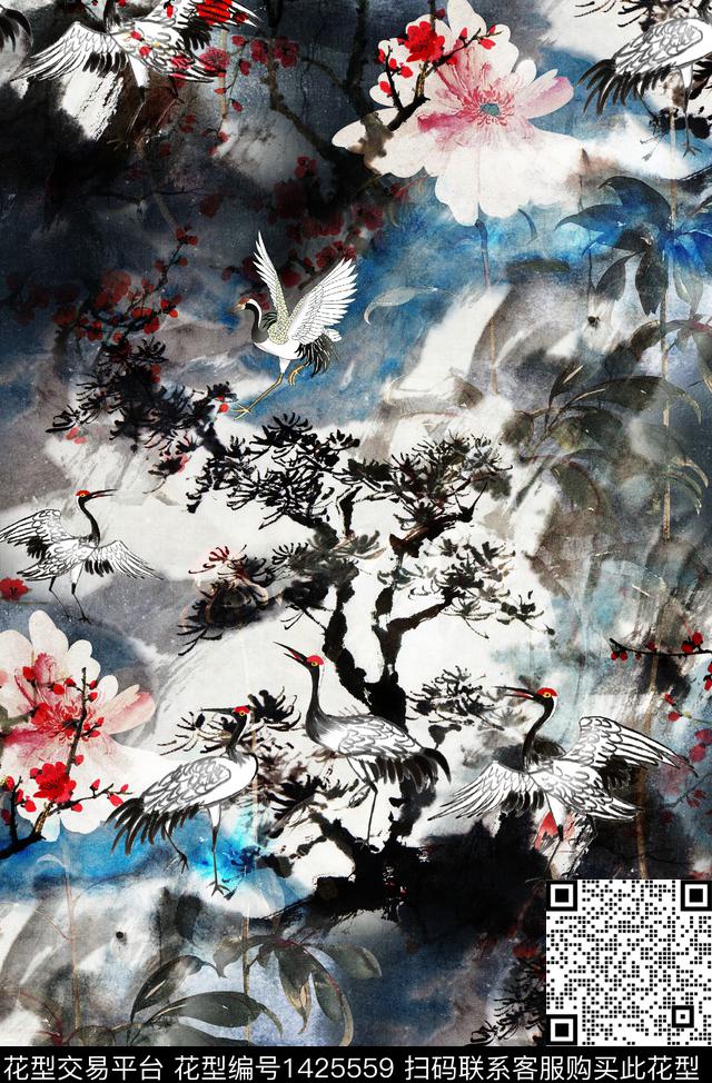 仙鹤香云纱中老年数码印花华亿平台下载（图片编号: 1425559） - 瓦栏（Walan）