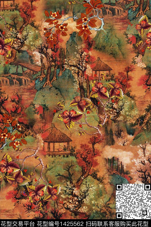 旗袍香云纱真丝数码印花华亿平台下载（图片编号: 1425562） - 瓦栏（Walan）