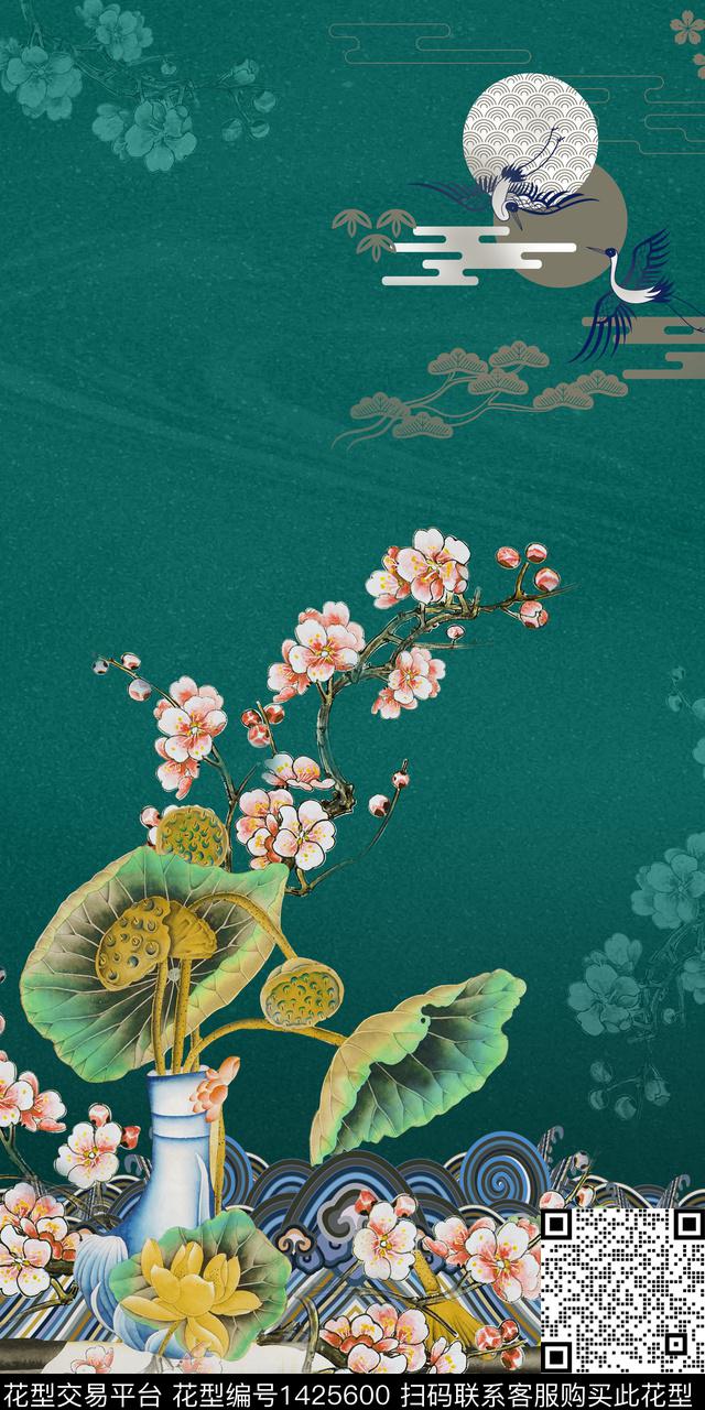 荷花真丝中国风定位花数码印花华亿平台下载（图片编号: 1425600） - 瓦栏（Walan）
