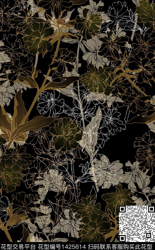 花卉大牌风真丝数码印花华亿平台下载（图片编号: 1425614） - 瓦栏（Walan）