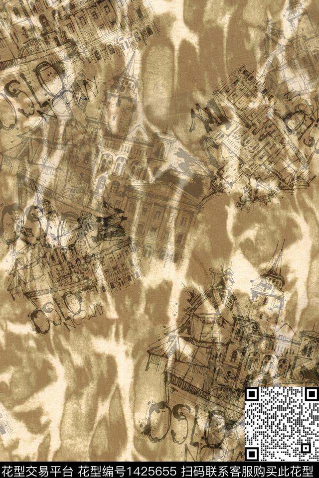 线条建筑水彩数码印花华亿平台下载（图片编号: 1425655） - 瓦栏（Walan）