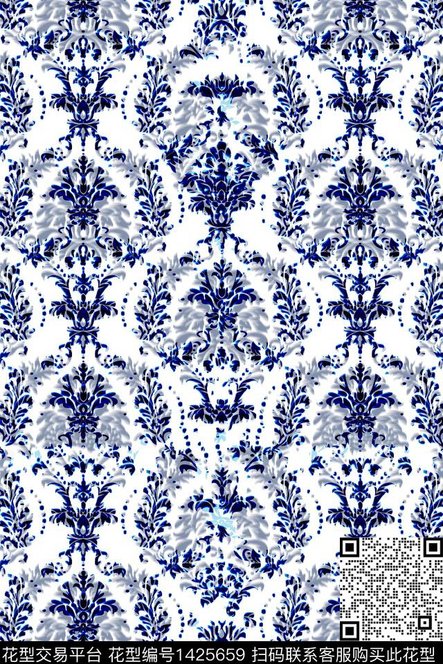 线条肌理清爽底花卉数码印花华亿平台下载（图片编号: 1425659） - 瓦栏（Walan）