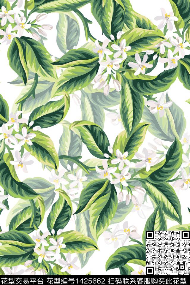 绿植树叶水彩清爽底花卉数码印花华亿平台下载（图片编号: 1425662） - 瓦栏（Walan）