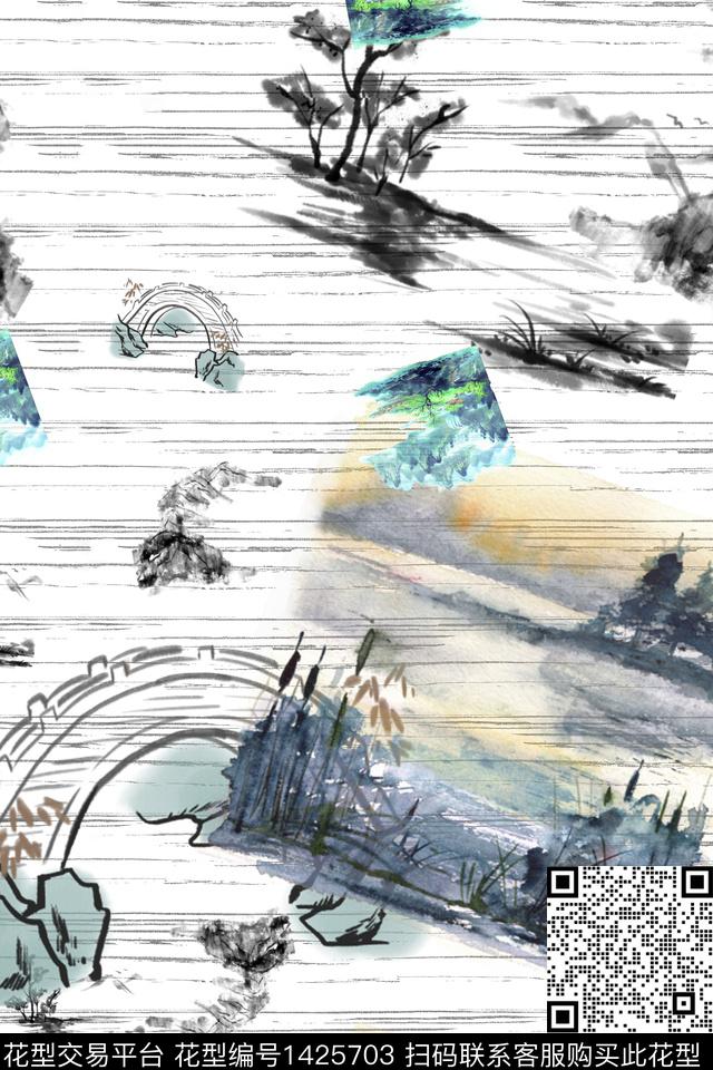 水墨风抽象风景景观数码印花华亿平台下载（图片编号: 1425703） - 瓦栏（Walan）