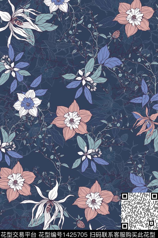花卉大牌风植物数码印花华亿平台下载（图片编号: 1425705） - 瓦栏（Walan）
