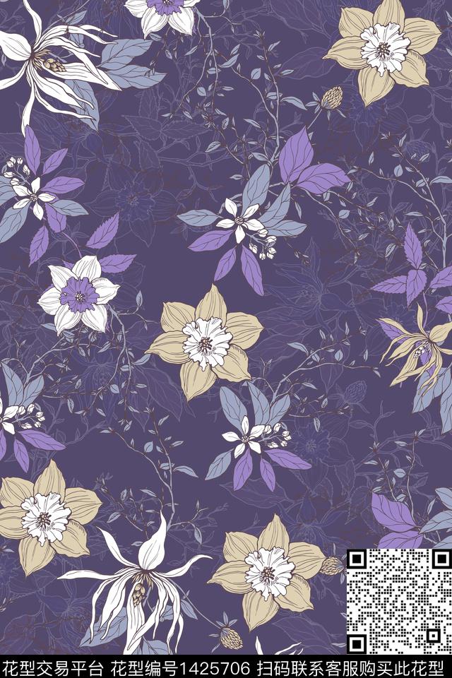 花卉大牌风植物数码印花华亿平台下载（图片编号: 1425706） - 瓦栏（Walan）