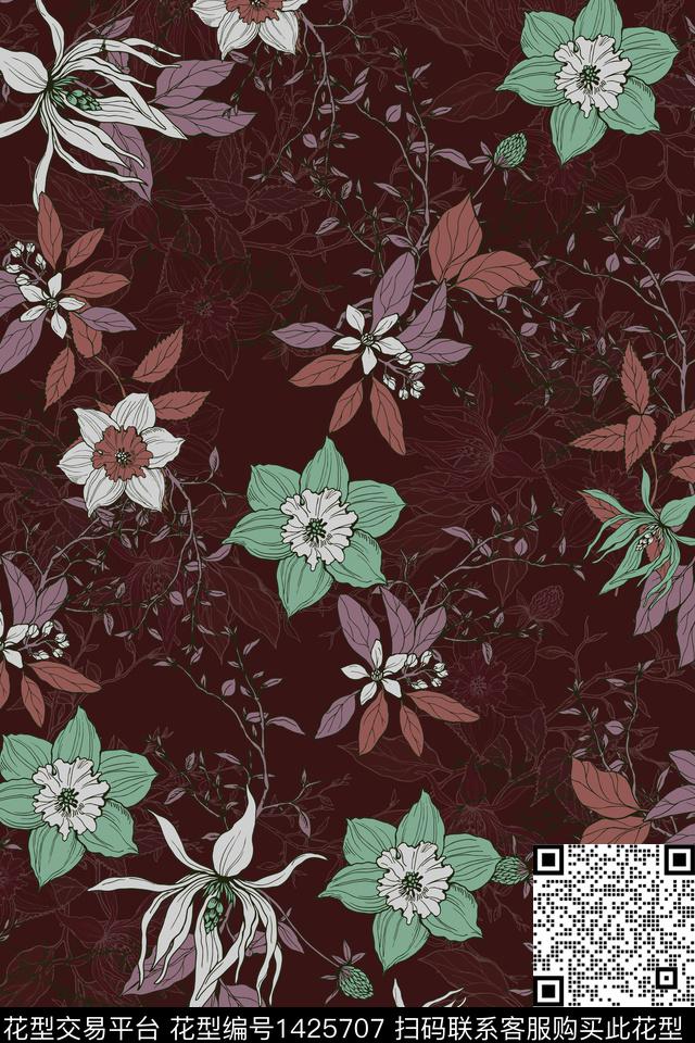 花卉大牌风植物数码印花华亿平台下载（图片编号: 1425707） - 瓦栏（Walan）