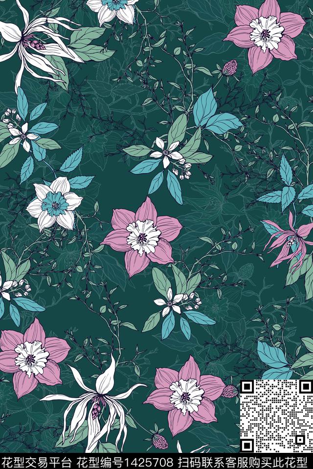 花卉大牌风植物数码印花华亿平台下载（图片编号: 1425708） - 瓦栏（Walan）