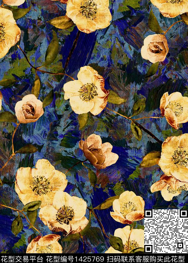 复古花卉香云纱数码印花华亿平台下载（图片编号: 1425769） - 瓦栏（Walan）