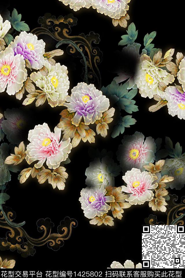 奢华真丝牡丹数码印花华亿平台下载（图片编号: 1425802） - 瓦栏（Walan）