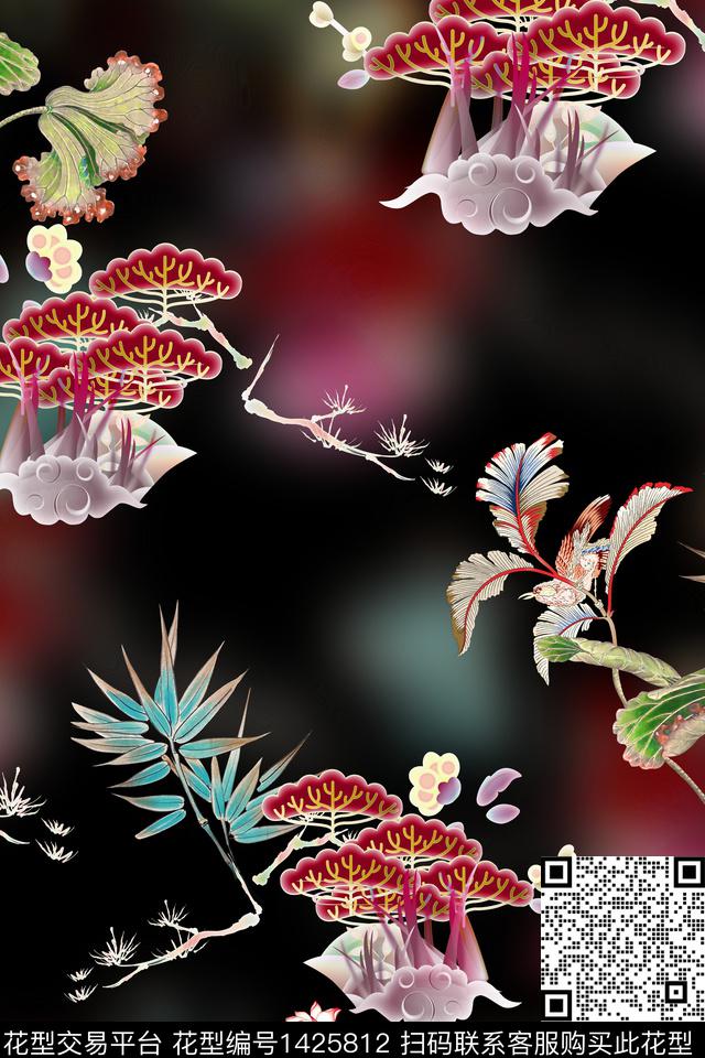 花卉香云纱竹子数码印花华亿平台下载（图片编号: 1425812） - 瓦栏（Walan）