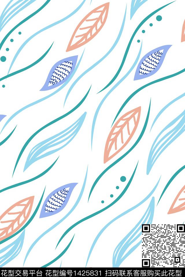 线条绿植树叶年轻女装传统印花华亿平台下载（图片编号: 1425831） - 瓦栏（Walan）