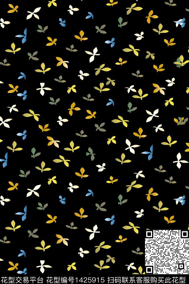 黑底花卉植物黑白华亿平台数码印花华亿平台下载（图片编号: 1425915） - 瓦栏（Walan）