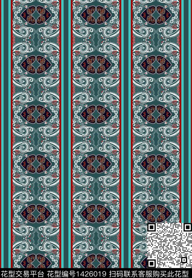 民族风满版散花条纹传统印花华亿平台下载（图片编号: 1426019） - 瓦栏（Walan）