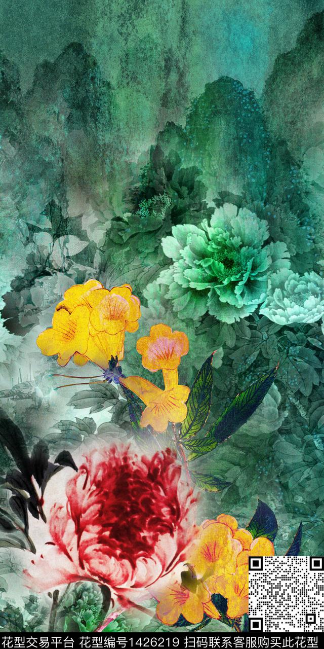 纹理花卉中国风数码印花华亿平台下载（图片编号: 1426219） - 瓦栏（Walan）