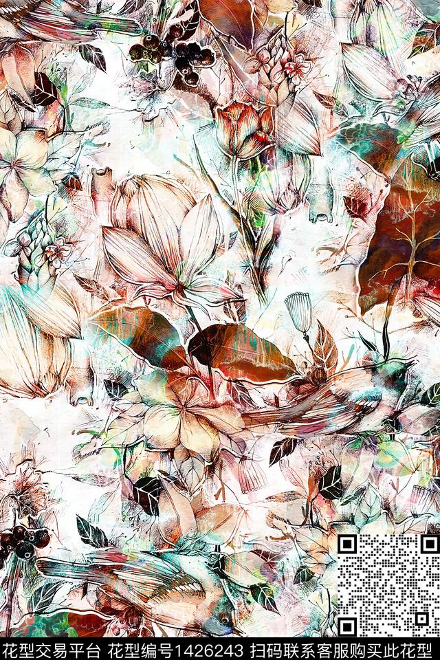 花鸟绿植树叶炫彩数码印花华亿平台下载（图片编号: 1426243） - 瓦栏（Walan）