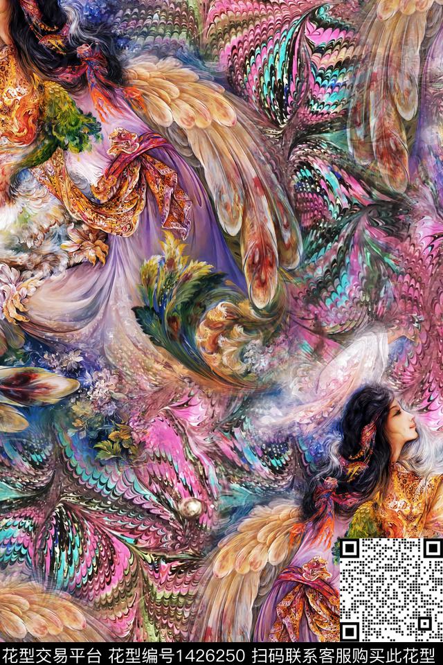 羽毛肌理孔雀数码印花华亿平台下载（图片编号: 1426250） - 瓦栏（Walan）