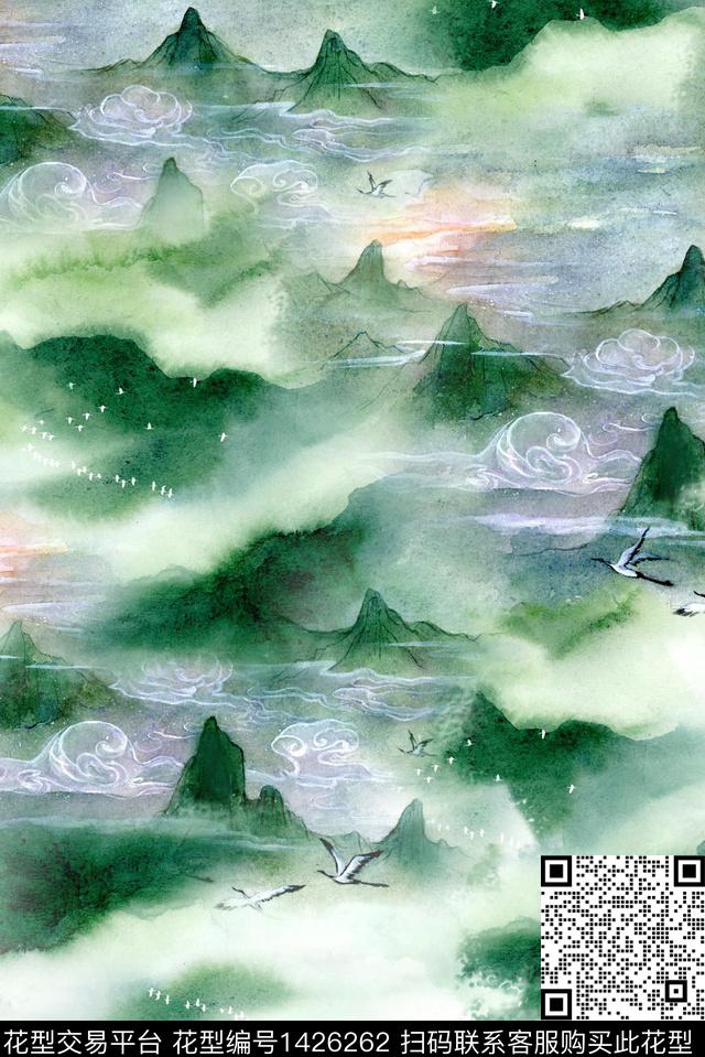 线条水彩花卉数码印花华亿平台下载（图片编号: 1426262） - 瓦栏（Walan）