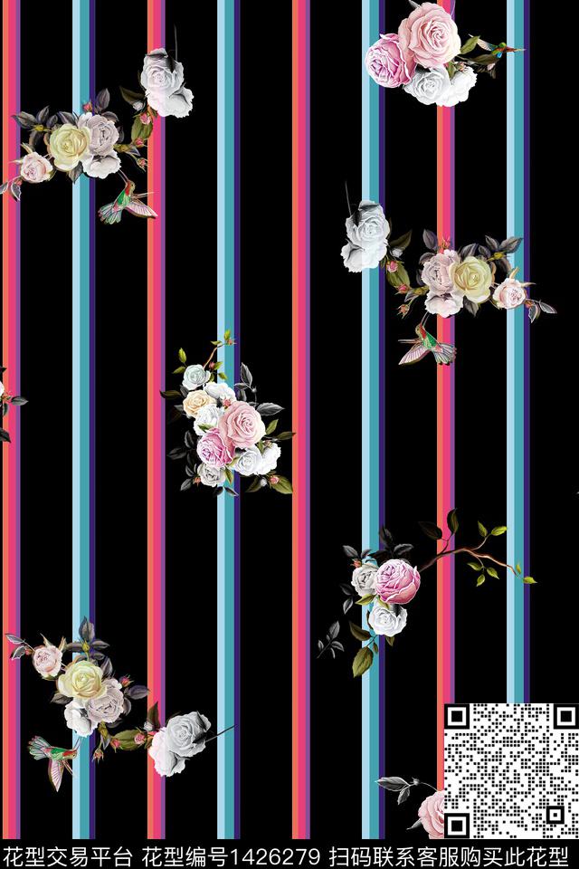 女装花卉条纹数码印花华亿平台下载（图片编号: 1426279） - 瓦栏（Walan）