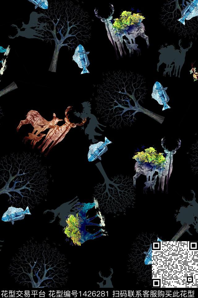 鹿动物鱼数码印花华亿平台下载（图片编号: 1426281） - 瓦栏（Walan）