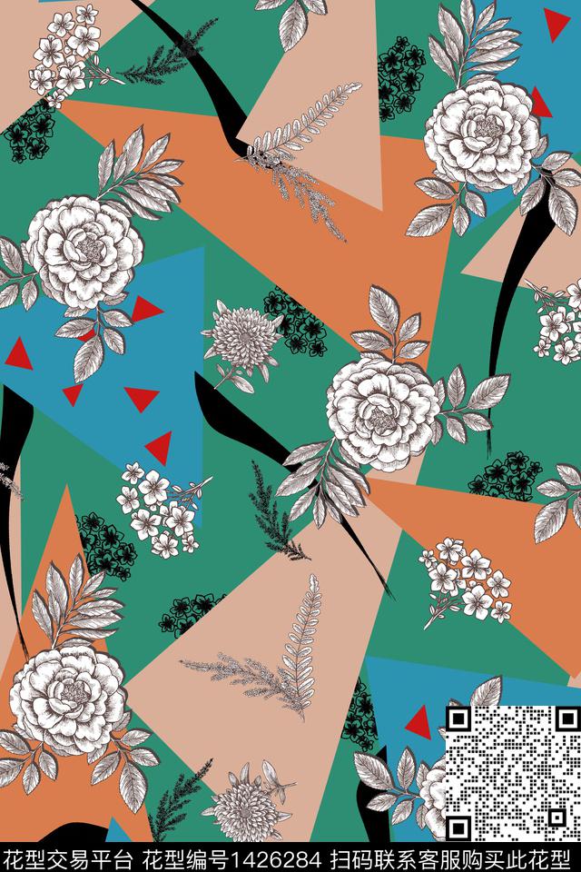 女装花卉混合拼接数码印花华亿平台下载（图片编号: 1426284） - 瓦栏（Walan）