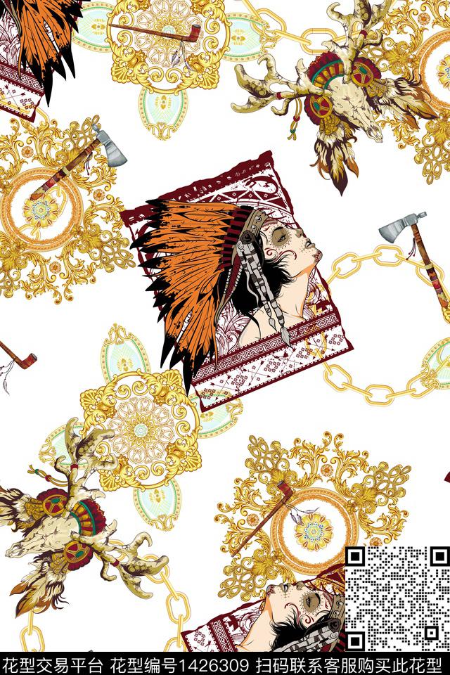 宫廷风人物鹿数码印花华亿平台下载（图片编号: 1426309） - 瓦栏（Walan）