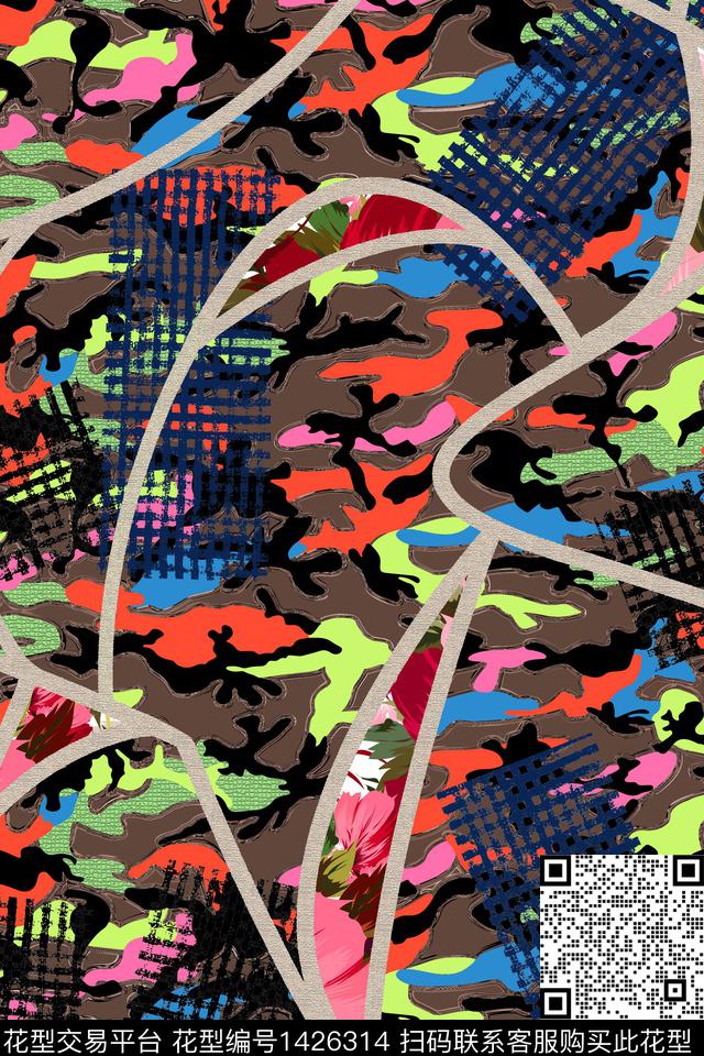 线条格子迷彩数码印花华亿平台下载（图片编号: 1426314） - 瓦栏（Walan）