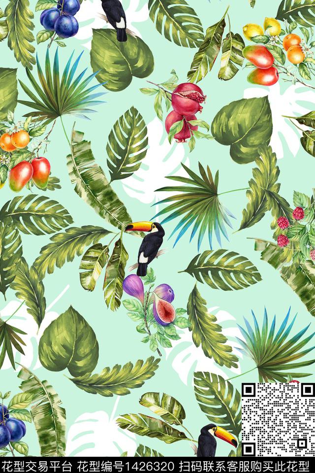 绿植树叶鸟花卉数码印花华亿平台下载（图片编号: 1426320） - 瓦栏（Walan）