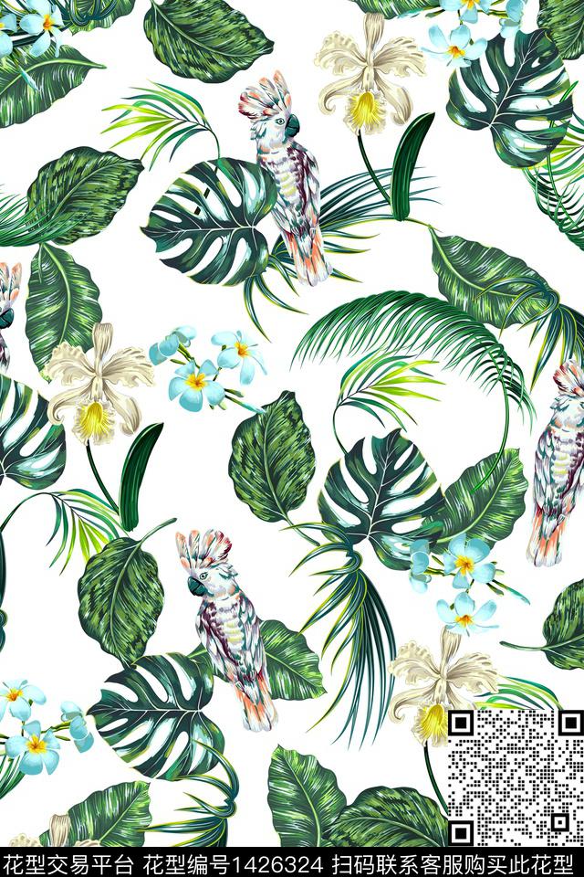 绿植树叶鸟花卉数码印花华亿平台下载（图片编号: 1426324） - 瓦栏（Walan）