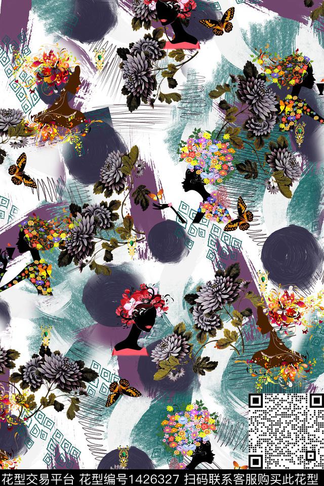 笔触花卉蝴蝶数码印花华亿平台下载（图片编号: 1426327） - 瓦栏（Walan）
