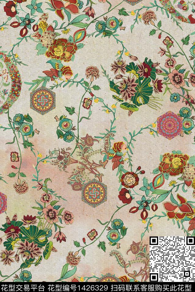 肌理花卉民族纹样数码印花华亿平台下载（图片编号: 1426329） - 瓦栏（Walan）