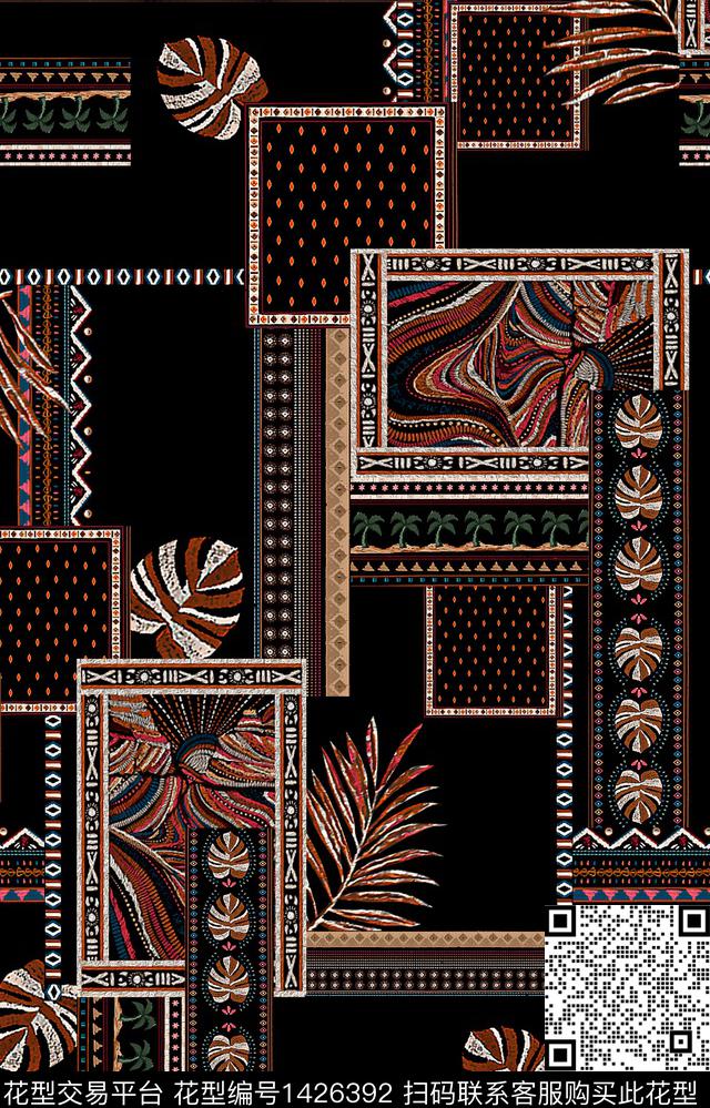 黑底花卉几何大牌风数码印花华亿平台下载（图片编号: 1426392） - 瓦栏（Walan）