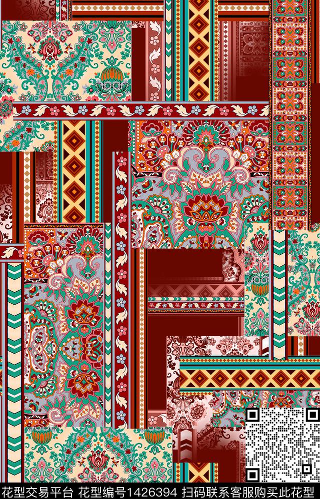 几何民族风花卉数码印花华亿平台下载（图片编号: 1426394） - 瓦栏（Walan）
