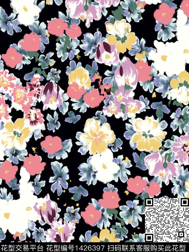 手绘富贵花复古数码印花华亿平台下载（图片编号: 1426397） - 瓦栏（Walan）