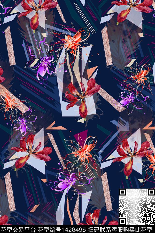 几何女装花卉数码印花华亿平台下载（图片编号: 1426495） - 瓦栏（Walan）