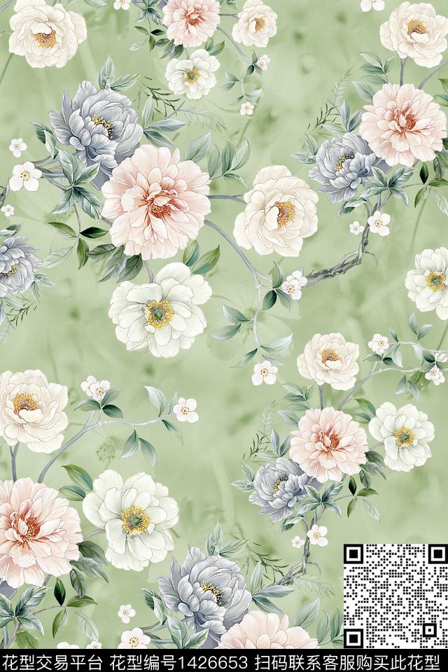 肌理清爽底花卉旗袍数码印花华亿平台下载（图片编号: 1426653） - 瓦栏（Walan）