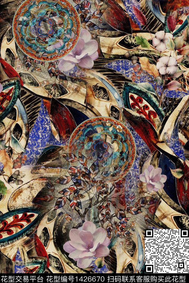 水墨风花卉中国风数码印花华亿平台下载（图片编号: 1426670） - 瓦栏（Walan）