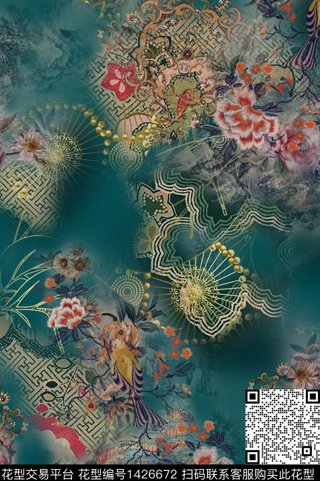 水墨风花卉中国风数码印花华亿平台下载（图片编号: 1426672） - 瓦栏（Walan）