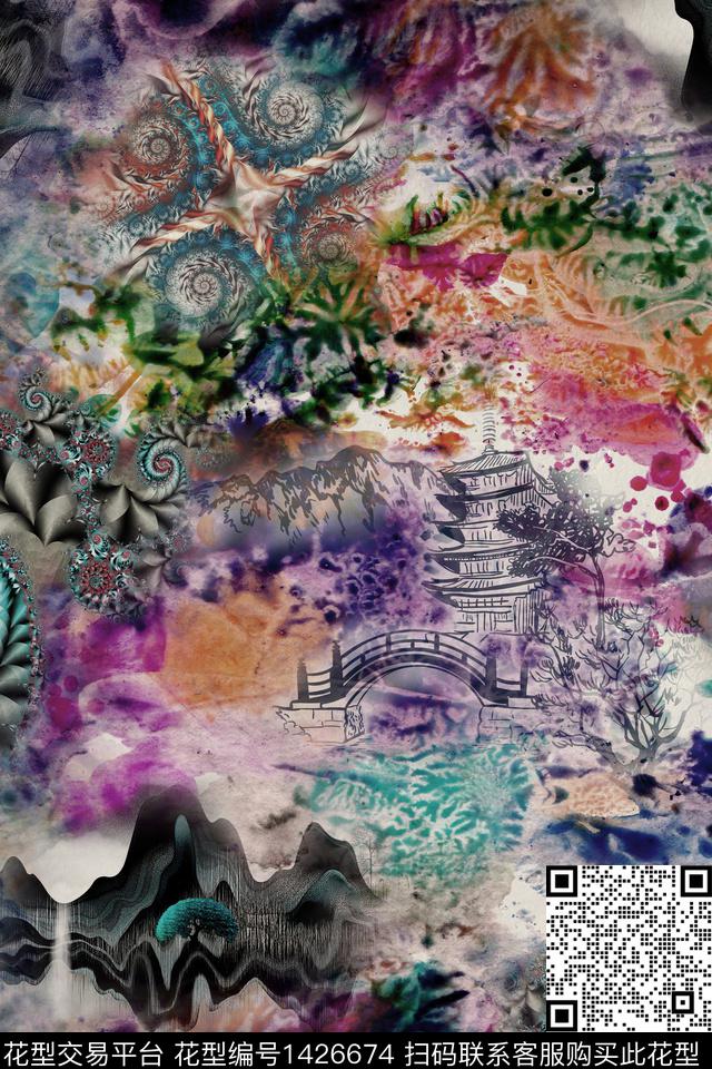 水墨风花卉中国风数码印花华亿平台下载（图片编号: 1426674） - 瓦栏（Walan）