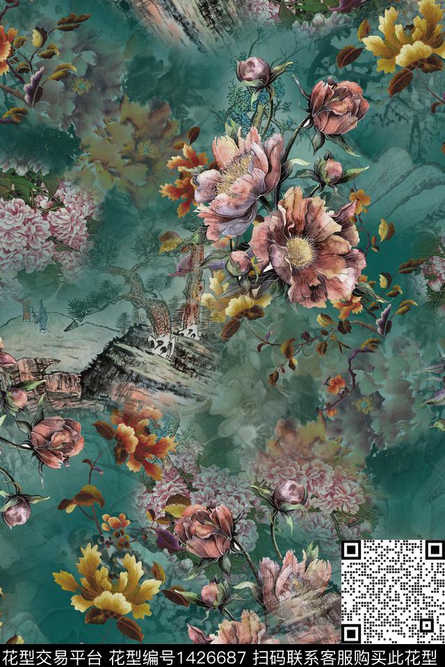 水墨风花卉中国风数码印花华亿平台下载（图片编号: 1426687） - 瓦栏（Walan）