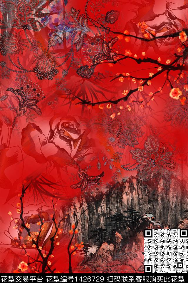 水墨风花卉中国风数码印花华亿平台下载（图片编号: 1426729） - 瓦栏（Walan）