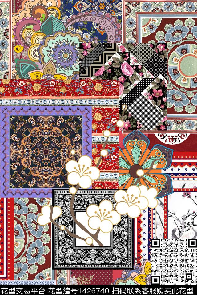 几何花卉大牌风数码印花华亿平台下载（图片编号: 1426740） - 瓦栏（Walan）