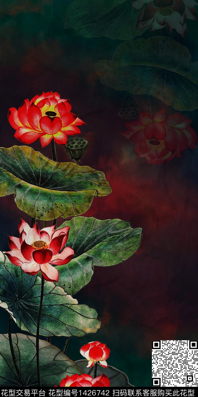 女装定位花荷花香云纱数码印花华亿平台下载（图片编号: 1426742） - 瓦栏（Walan）