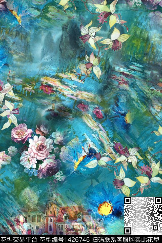 水墨风花卉中国风数码印花华亿平台下载（图片编号: 1426745） - 瓦栏（Walan）