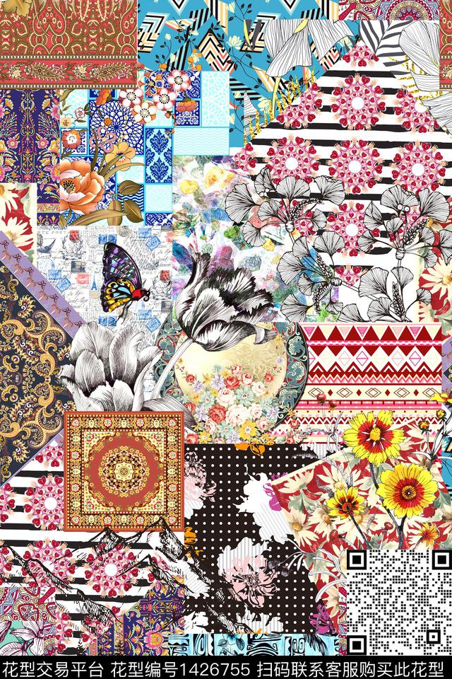 几何花卉大牌风数码印花华亿平台下载（图片编号: 1426755） - 瓦栏（Walan）