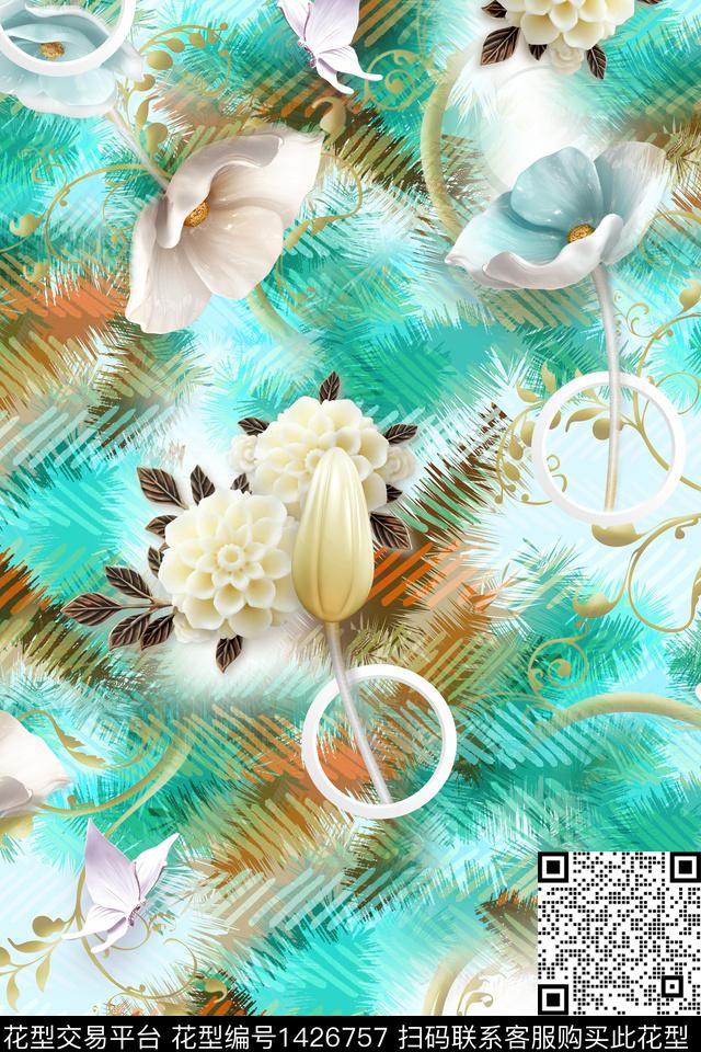 水墨风花卉中国风数码印花华亿平台下载（图片编号: 1426757） - 瓦栏（Walan）